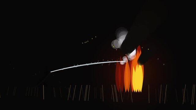 Abstract animation of glowing bonfire in dark night scene with sparks
