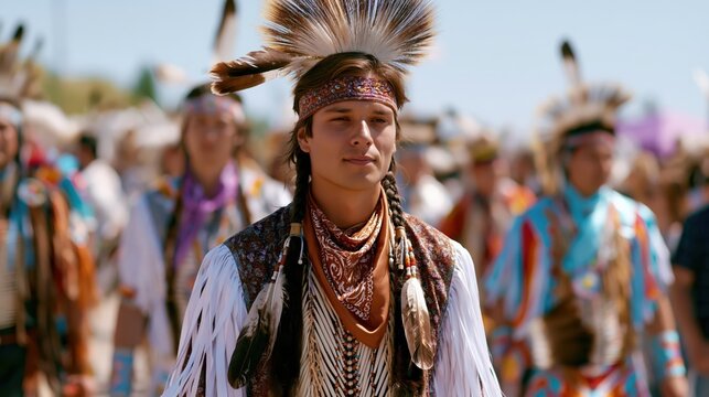 Young Native American man in traditional regalia walking during a sunny outdoor powwow cultural celebration