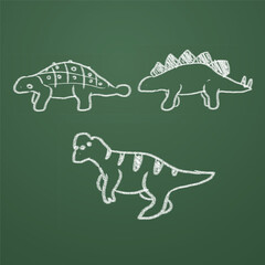 An icon pack featuring white chalk-style cartoon dinosaur doodles: Ankylosaur, Stegosaur, pachycephalosaur © Qompres