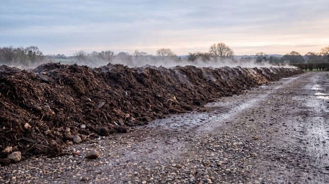 Steaming windrows of garden compost at an outdoor site