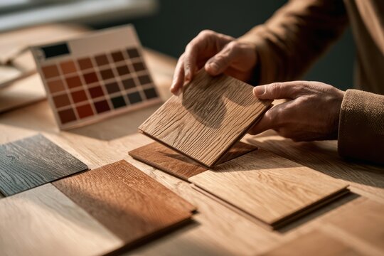 Person's hands holding and examining wood flooring samples