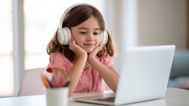 A young girl wearing headphones watches a laptop screen attentively while resting her chin on her hands at a bright, modern workspace.