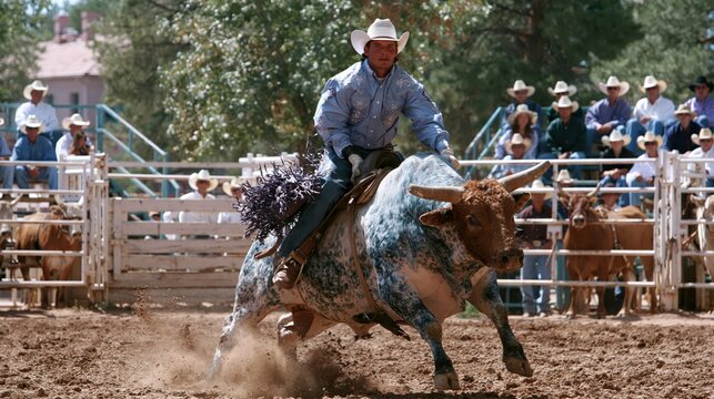 Cowboy on a bucking bull during a rodeo event with spectators watching in the background under natural daylight