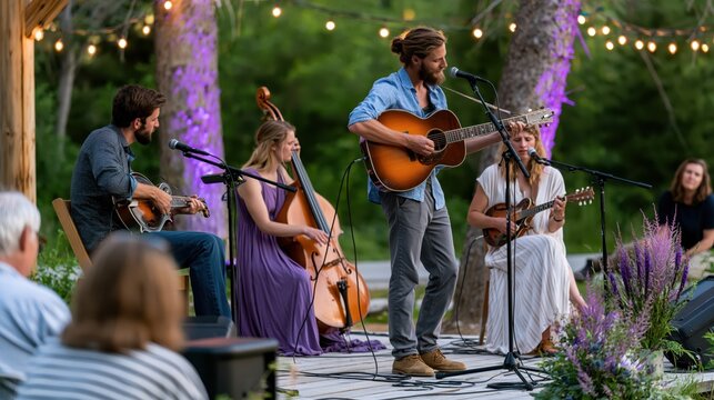 A folk band performs live music outdoors during a summer evening festival with ambient string lights and purple uplighting enhancing the atmosphere
