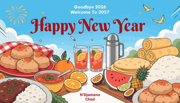 Happy New Year 2027 Celebration with Food and Festivity - Goodbye 2026 Welcome 2027