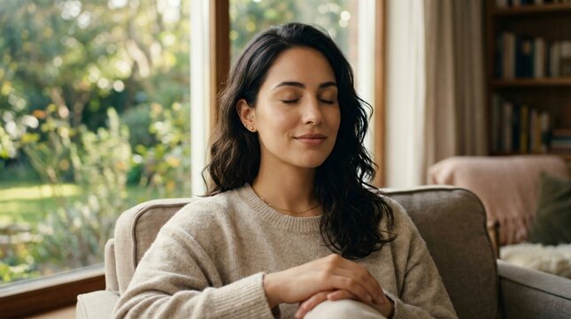 Mujer hispana relajada meditando en un c&oacute;modo sill&oacute;n junto a la ventana, concepto de paz interior, bienestar mental y autocuidado.