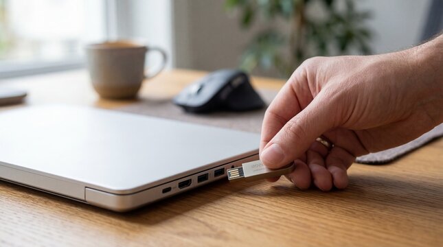 Hand inserting USB flash drive into laptop port for data transfer and file storage access.