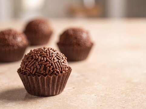 Brigadeiro de chocolate com granulados de chocolate em cima da mesa
