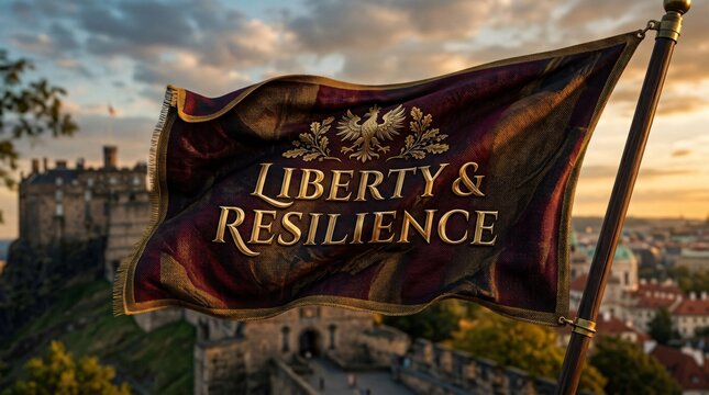Bandera ondeante con texto Liberty and Resilience, s&iacute;mbolo de libertad, fuerza y herencia cultural al atardecer sobre castillo hist&oacute;rico.