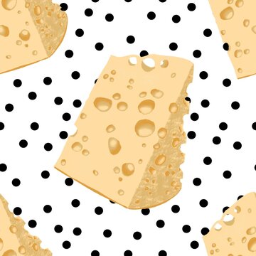 Seamless pattern of delicious yellow cheese pieces with holes on black polka dot white background, hand drawn dairy food repeat print