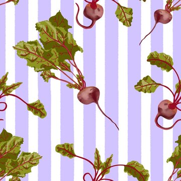 Seamless pattern with fresh red beetroots on pastel lilac and white striped background, watercolor textile and fabric design