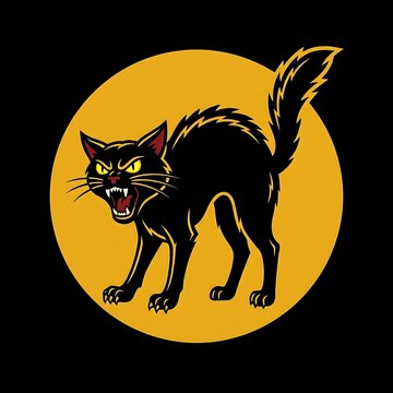 Angry black cat silhouette against full moon