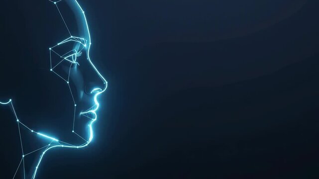 Digital blue glowing human profile with connected nodes and lines symbolizing artificial intelligence and facial recognition technology.
