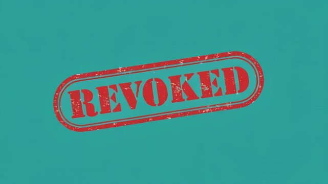 Red stamp 'REVOKED' animated stamps appearing on teal background with black bar separation