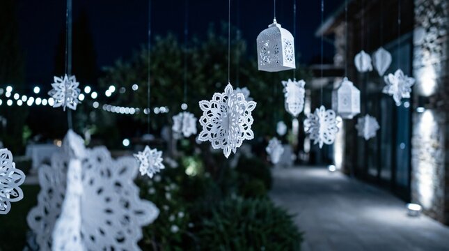 Adornos de papel calado blanco suspendidos en jard&iacute;n nocturno iluminado con guirnaldas para fiesta elegante o boda al aire libre.
