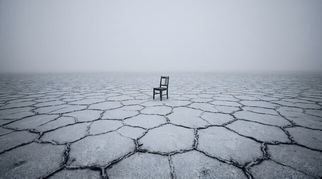 Empty Wooden Chair Positioned on Hexagonal Cracked Floor Bright Fog Metaphor