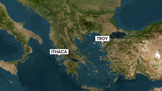 Aegean map animation showing Ithaca and Troy locations video footage