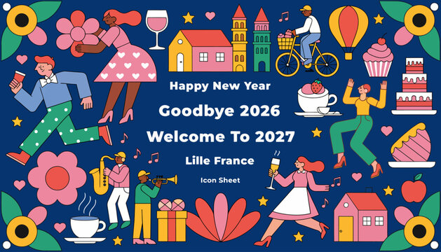 Happy New Year 2027 Celebration with Lille, France Icons and Festive Elements