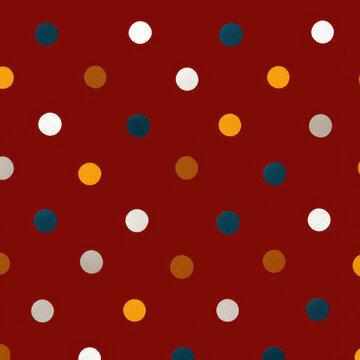 Simple polka dot pattern on red background with colorful circle repeat texture for decorative textile wallpaper and wrapping paper