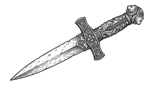 Ornate Dagger with Lion Head Hilt, Engraved Blade, Isolated