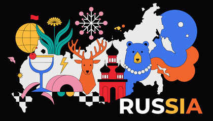 Fototapeta premium Vibrant Collage of Russian Symbols and Icons, Featuring Map, Bear, Deer, and Architecture, Black Background