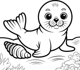 Fototapeta premium Adorable baby seal resting on the beach next to a seashell in black and white page style with sea animal ocean mammal cute seal marine life line art coloring book white background