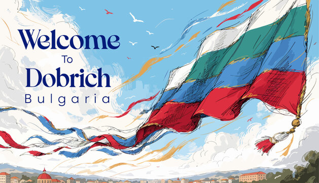 Welcome to Dobrich, Bulgaria - National Flag Waving with Cityscape and Blue Sky Background