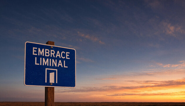 Blue road sign reading embrace liminal with doorway symbol against sunset sky in open field