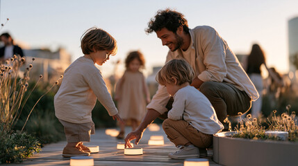 Obraz premium Landscape architect family of three reviews a glowing energy storage garden installation at golden hour, children touching illuminated pathway stones while a parent crouches
