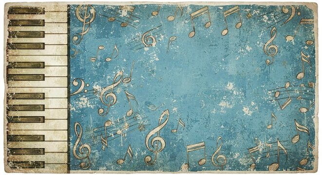 Vintage piano keys on teal musical background