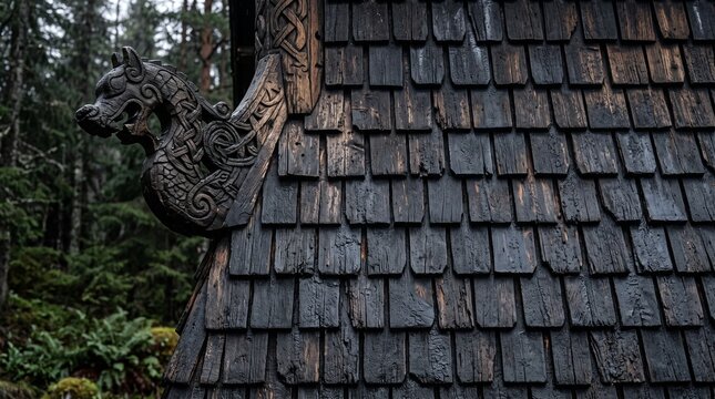 Norwegian stave church tar-blackened wood shingle texture with dragon carving detail