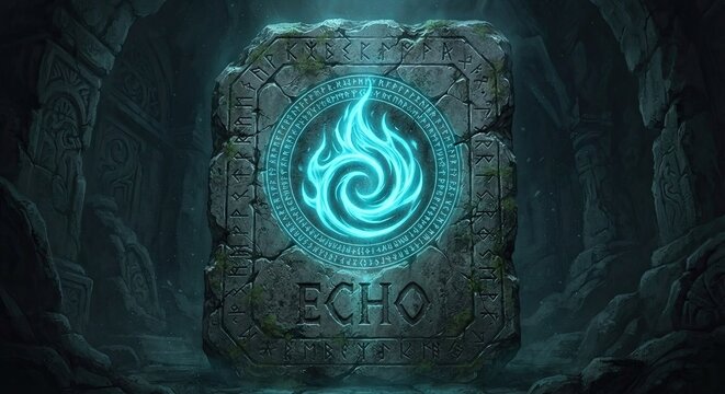 Ancient stone tablet with glowing blue vortex and ECHO inscription