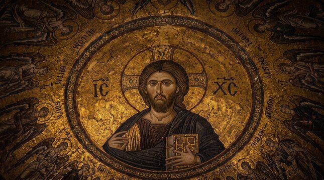 Byzantine mosaic ceiling dome with gold tesserae texture in cavernous ambient light