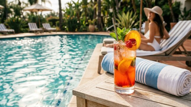 Refreshing citrus cocktail on a poolside table beside a tropical resort pool, with a relaxed woman on a lounge chair in the background, evoking summer leisure and vacation relaxation