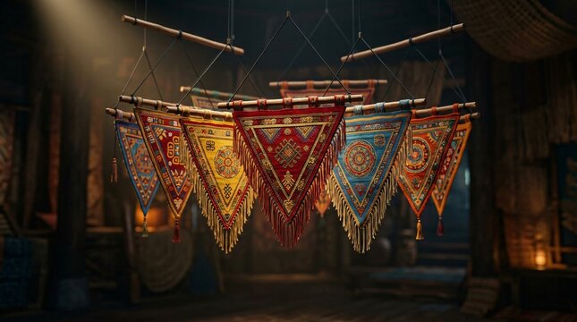 Banderines triangulares bordados con motivos &eacute;tnicos y flecos, arte textil tradicional latinoamericano para el Mes de la Herencia Hispana.