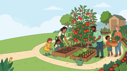 Naklejka premium Diverse Multigenerational Family Collaborating Together in a Sustainable Community Garden to Harvest Organic Vegetables for Healthy Living