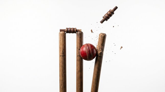 Cricket ball hitting wooden stumps and bails, red leather ball striking wicket, professional sports equipment in motion isolated PNG with Transparent Background