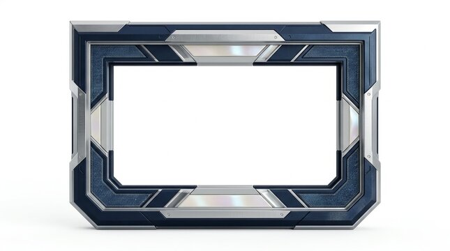 Futuristic Metallic Blue Rectangular Frame With Textured Details Isolated On White Background