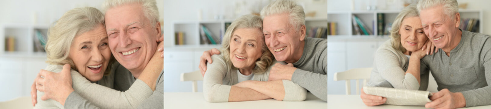 Happy senior couple using smartphone at home