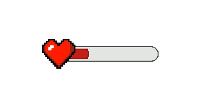8-bit pixel art heart health bar animation, retro video game life meter status bar video graphic