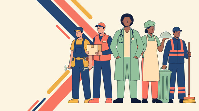 Diverse Group of Essential Workers Standing Together Representing Various Professional Frontline Careers in a Modern Flat Vector Illustration