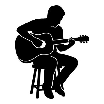 Passionate musician playing acoustic guitar silhouette sitting stool chair