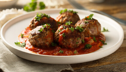 Fototapeta premium Delicious homemade meatballs served with fresh tomato sauce on a white plate.