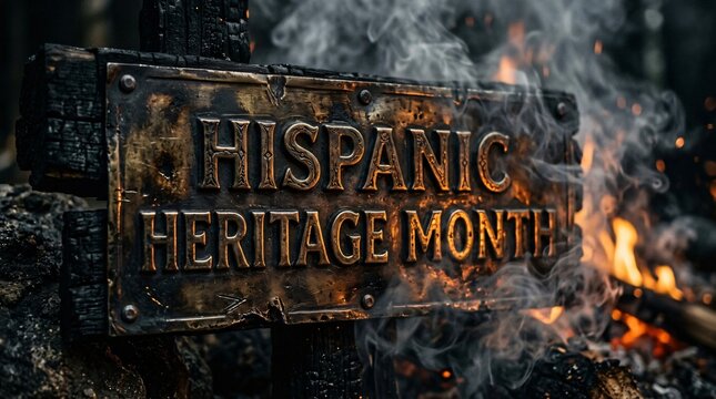 Letrero r&uacute;stico de bronce con texto Hispanic Heritage Month entre humo, brasas y fuego ardiente, concepto cultural dram&aacute;tico.