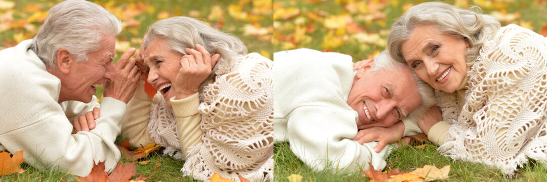 Happy senior friends relaxing outdoors in autumn park