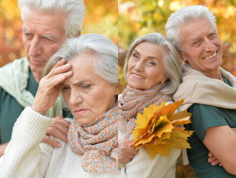 Senior couple and friends outdoors in autumn, comforting and smiling