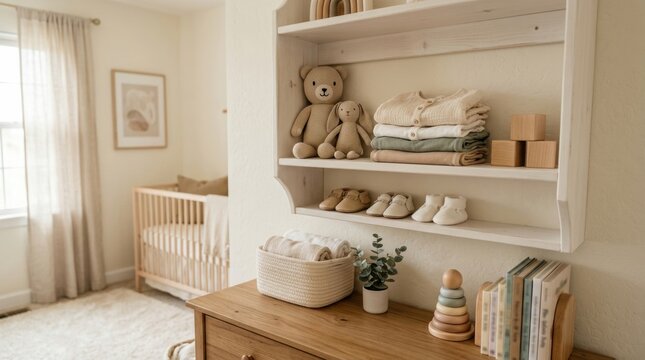 Soft beige nursery interior with wooden crib, shelf of folded baby clothes, teddy bears, tiny shoes, books and toys, creating a calm neutral room for baby care and home decor for advertising and edito