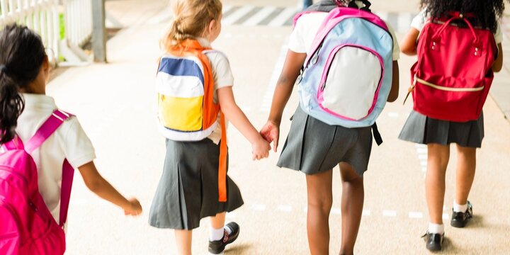 Young schoolgirls with backpacks walking hand in hand to class