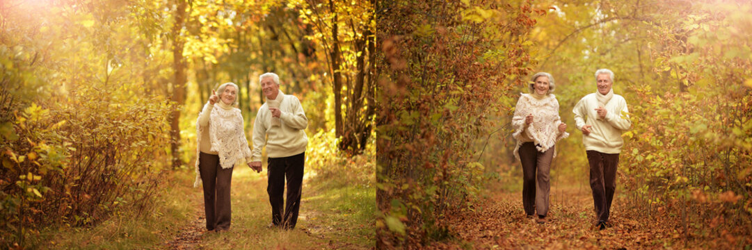 Happy Senior Couple Walking in Autumn Park
