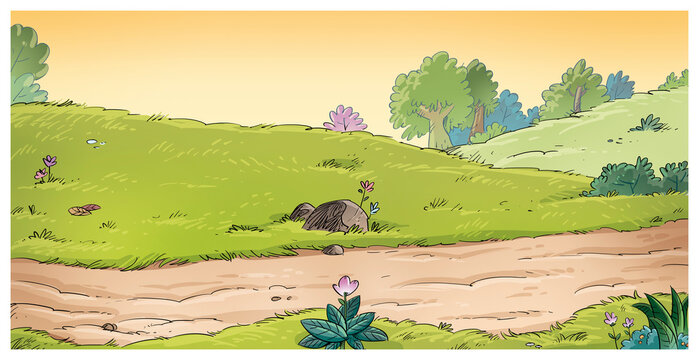 Dirt road landscape in the countryside, children's illustration